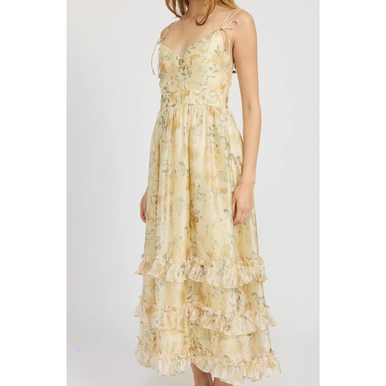 En Saison Elliot Floral Maxi Dress Womens Xl Yellow Tiered Cottagecore Feminine